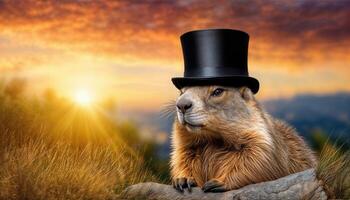 Groundhog in Top Hat Whimsical Groundhog Day Concept, Artfully Blending Humor and Tradition with a Touch of Elegance and Mystery photo