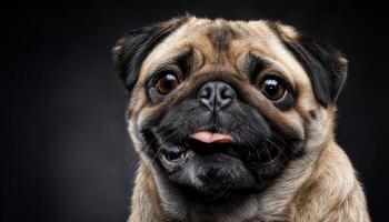 Charming Pug on a Dark Background, Adorable and Mischievous Pup Poses against a Striking Contrast, Capturing Playful Energy in a Dramatic Scene. photo