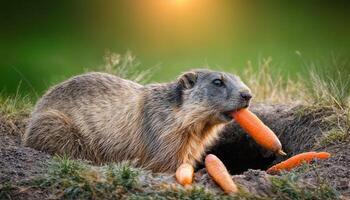 Adorable Groundhog Emerges from Burrow in Lush Meadow, Nibbling on a Fresh Carrot at Dusk, Capturing the Serene Beauty and Tranquility of Nature. photo
