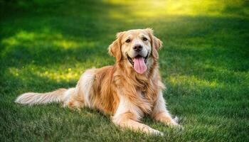 Happy Golden Retriever Playing Outside on Green Grassy Park with Warm Sunlight and Vibrant Spring Ambiance, Perfect for Digital Art, Home Decor, or Design Inspiration photo