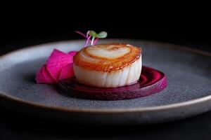 Seared scallop appetizer resting on beetroot carpaccio with microgreens photo