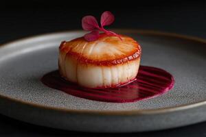 Seared scallop appetizer with beetroot sauce and garnish on elegant plate photo