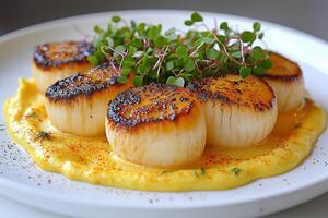 Seared scallops resting on yellow cream sauce with microgreens photo