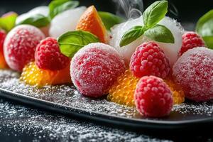 Frozen raspberries and powdered sugar creating a gourmet delight photo