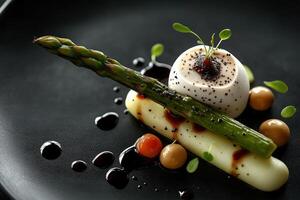Gourmet asparagus and egg dish with balsamic glaze on black plate photo