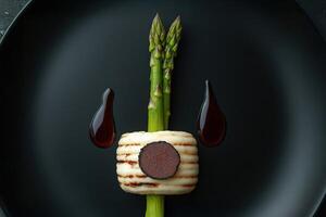 Grilled scallops with asparagus and truffle, black plate, michelin star restaurant dish photo