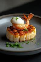 Grilled scallop and shrimp appetizer garnished with chives and egg yolk cream photo