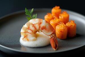 Gourmet shrimp appetizer with carrot rolls and salmon roe on elegant plate photo
