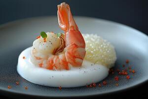 Gourmet shrimp appetizer plated on airy foam with caviar and garnish photo