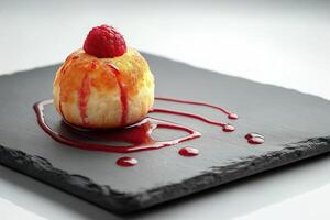 Delicious dessert with raspberry and sauce on elegant slate plate photo