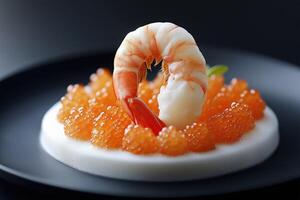 Exquisite shrimp appetizer with salmon roe on elegant white plate photo