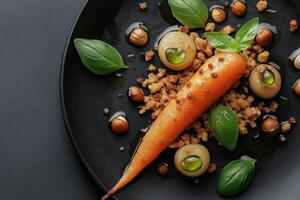Glazed carrot with crumble, hazelnuts, basil and pickled onions enriching michelin star dish photo