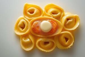 Gourmet tortellini with butter and shrimp filling creating flower shape on white background photo