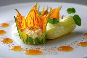 Zucchini flowers stuffed with ricotta cheese, honey and paprika decorating a white plate photo