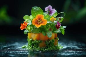 Gourmet appetizer garnished with edible flowers and herbs photo