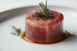 Exquisite michelin star tuna appetizer plated on white dish photo