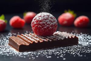 Icing sugar falling on raspberry and chocolate bar photo
