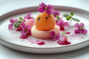Apricot dessert garnished with edible flowers and berry sauce in a michelin star restaurant photo