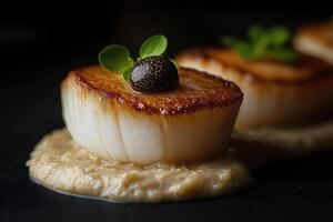 Seared scallops with black truffle and parsley resting on creamy sauce photo