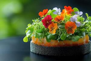 Salmon tartare dish decorated with edible flowers and microgreens photo