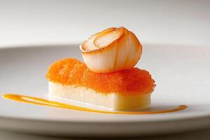 Seared scallop sitting on a bed of trout roe with parsnip puree and saffron sauce photo