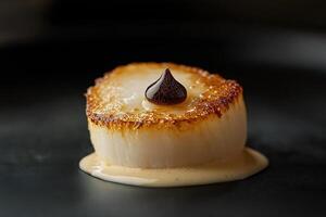 Seared scallop with sauce and balsamic glaze on black plate photo