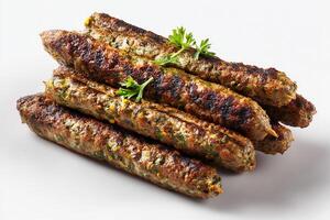 Delicious Indian seekh kababs grilled to perfection with smoky char marks on white photo