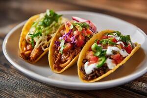 Realistic taco trio with chicken beef and veggie served on clean white background photo