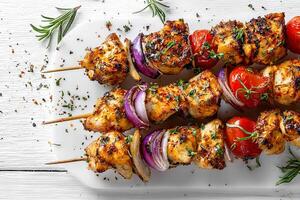 Delicious Mediterranean chicken skewers grilled to perfection on clean white surface photo