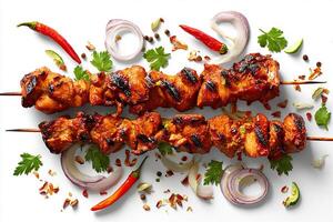 Grilled chili chicken kababs with charred edges on bright white background photo