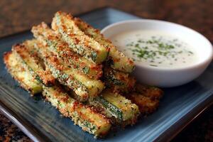 Golden Fried Zucchini Sticks and Ranch Dip on Minimal White Background photo
