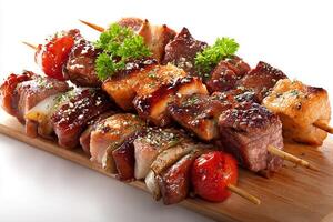 Realistic grilled mixed meat skewers served on wooden sticks with herbs close up photo