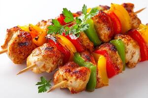 Tender chicken skewers grilled with red and green bell peppers for healthy dinner photo