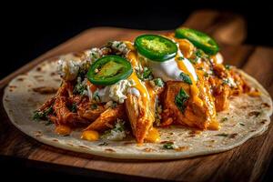 Juicy Chicken Taco Served with Sour Cream and Spicy Jalapenos photo