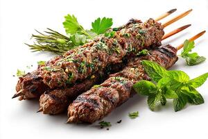 Grilled beef kababs garnished with herbs on white plate surface photo