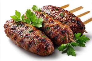 High quality photo of grilled minced beef kofta kababs isolated on clean white background