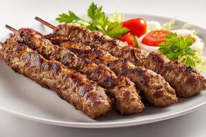 Realistic grilled kababs served on a white plate with garnish and herbs photo