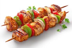 Realistic grilled chicken kababs with bell pepper and herbs on white background photo