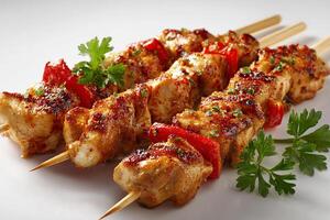 Realistic grilled chicken skewers with red paprika on clean white background photo