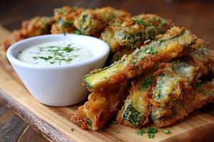 Crispy Zucchini Fries Served with Ranch Dipping Sauce in Studio Setting photo