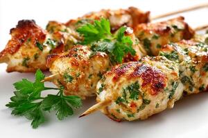 Juicy grilled chicken kababs topped with fresh flat leaf parsley photo