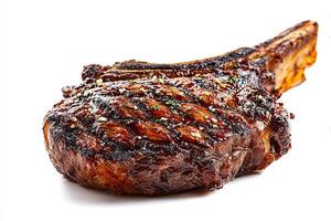 Juicy bone in cowboy steak grilled to perfection on a clean white backdrop photo