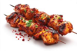 High quality photo of grilled spicy chicken skewers with charred texture on white