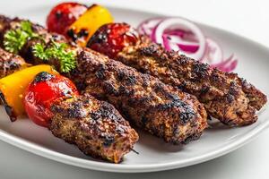 Grilled kababs served hot on a white plate with herbs and light garnish photo