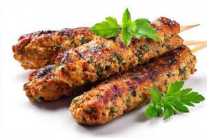 Delicious chicken seekh kababs grilled with fresh herbs on clean white surface photo