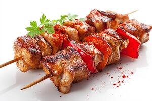 Juicy grilled chicken and red paprika skewers served on a white backdrop photo