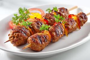 Deliciously grilled kababs placed on white plate with minimal presentation photo