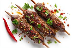 Realistic grilled kofta beef skewers drizzled with chili oil served on white plate photo