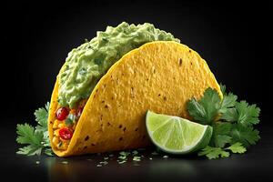 Delicious Mexican taco filled with guacamole and fresh cilantro close up on white photo