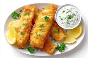 Delicious deep fried fish fillet dipped in tangy tartar sauce perfect seafood meal photo